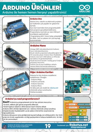 Predator Mini Sumo Robot Kiti
Ardu no Nano temell kontrol kartı (Genes s)
Açık kaynaklı gel şt rme kodu
3 Rak p sensörü, 2 kontrast sensorü
Güçlü 6 Volt 400 Rpm ve 600 Rpm Motorlar
CNC Alum nyum şlenm ş yüksek kal tel
gövde
M n Sumo Robot yarışmaları ç n mükemmel!
ARDUINO ÜRÜNLERİ
Ardu no le hemen hemen herşey yapab l rs n z!
Arduino Uno
Adu no Uno, robot k ve elektron k projeler
ç n kullanılan çok popüler b r gel şt rme
kartıdır.
Aynı kart üzer nden hem programlayab l r
hem projen z gerçekleşt reb l rs n z.
Programlama üzer nde yer alan USB port
aracılığıyla yapılmaktadır.
Programlama d l C türev kolay anlaşılab l r
b r d ld r. Yerl ve yabancı b r çok kaynağı
bulunmaktadır.
Arduino Nano
Atmega 328P m krodenetley c s n kullanan
favor m krodenetley c m z.
B rçok robot k projes nde kullanab leceğ n z 5V-
12V arasında çalışan Ardu no Nano Modülüdür.
Ardu no nano kartı USB kablosu ve 10'lü d ş -
d ş kablosu le gönder lmekted r.
Küçük boyutuna karşılık 7 analog g r ş 13 d j tal
g r ş/çıkışı mevcuttur.
Ardu no Uno le aynı özell klere sah pt r.
Genes s Robot kartımızda kullanıyoruz.
Diğer Arduino Kartları
Robotus’ta tüm Ardu no modeller n
bulab l rs n z. Örneğ n:
- Ardu no Mega
- Ardu no Leonardo
- Ardu no Genu no
- Ardu no M cro
Ve daha pek çok model de robotus.net
s tem zde satışa sunulmuştur.
Stoklarımızdadır.
Arduino’yu nasıl programlarsınız?
Basit! Ardu no’yu programlamak ç n b r kaç yöntem mevcuttur:
-Scratch, mBlock g b görsel programla d ller yle.
-Kend ng l zce tabanlı C d l ne benzer bas t Ardu no d l yle
Ardu no d l n sıfırdan öğrenmek ç n robotus s tem zde satışa sunulmuş
k taplarımızdan faydalanab l r ya da sadece nternetten araştırarak da
öğreneb l rs n z.
Ardu no dünyasının ç ne g rd ğ n zde kaynak bolluğu s z etk leyecekt r. Her türlü
proje ç n örnek uygulamalar ve b lg paylaşımlarını kolayca bulab l rs n z. Ve tab
b z de yanınızdayız.
19 İncelemek ç n: Robotus.netinfo@robotus.net
Ardu no le herkes proje gel şt reb l r.
10 Yaş üzer herkes kullanab l r!
 