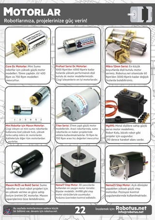 MOTORLAR
Robotlarınıza, projeler n ze güç ver n!
Core Dc Motorlar: M n Sumo
robotlar ç n yüksek güçlü motor
modeller . 15mm çaplıdır. 6V 400
Rpm ve 750 Rpm modeller
mevcuttur.
M n Robotlar ç n Maxon Motorlar:
Ç zg zleyen ve m n sumo robotlarda
kullanıma özel yüksek hızlı, yüksek
torka sah p m kro dc motorlardır.
Kal teler yle d ğer tüm motorlardan
ayrılırlar.
Maxon Re35 ve Re40 Ser s : Sumo
robotlar ve özel robot projeler ç n
en yüksek ver me ve güce sah p
İsv çre üret m DC motorlar. Maxon
s par şler n z b ze leteb l rs n z.
ProFast Ser s Dc Motorlar:
1000 Rpm’den 4000 Rpm’e kadar
hızlarda yüksek performanslı d şl
kutulu dc motor modeller m zd r.
Ç zg zleyenler n en y motorlarıdır.
T tan Ser s : 37mm çaplı güçlü motor
modeller d r. Araz robotlarında, sumo
robotlarda ve maker projeler nde
sıklıkla kullanılmaktadırlar. 10 Rpm le
700 Rpm arası hız değerler mevcuttur.
Nema17 Step Motor: 3D yazıcılarda
kullanılan en yaygın motor türüdür.
B polar modeld r. A4988 g b step
motor sürücüler yle uyumludur.
Ardu no üzer nden kontrol ed leb l r.
M kro 12mm Ser s : En küçük
boyutlarda d şl kutulu motor
ser m z. Robotus.net s tem zde 60
Rpm’den 3000 Rpm’e kadar değ ş k
hızlarda bulab l rs n z.
Mg995: Metal d şl lere sah p güçlü
servo motor model m z.
Robot Kolu, böcek robot g b
projeler ç n uygundur.
210 derece hareket alanı vardır.
Nema23 Step Motor: Açılı dönüşler
yapab len yüksek güçlü step
motordur. Poz syon kontrol
uygulamalarında kullanılmaktadır.
22Bu sayfada motorlarımızın sadece küçük
b r bölümü var, devamı ç n robotus.net.
İncelemek ç n: Robotus.netinfo@robotus.net
 