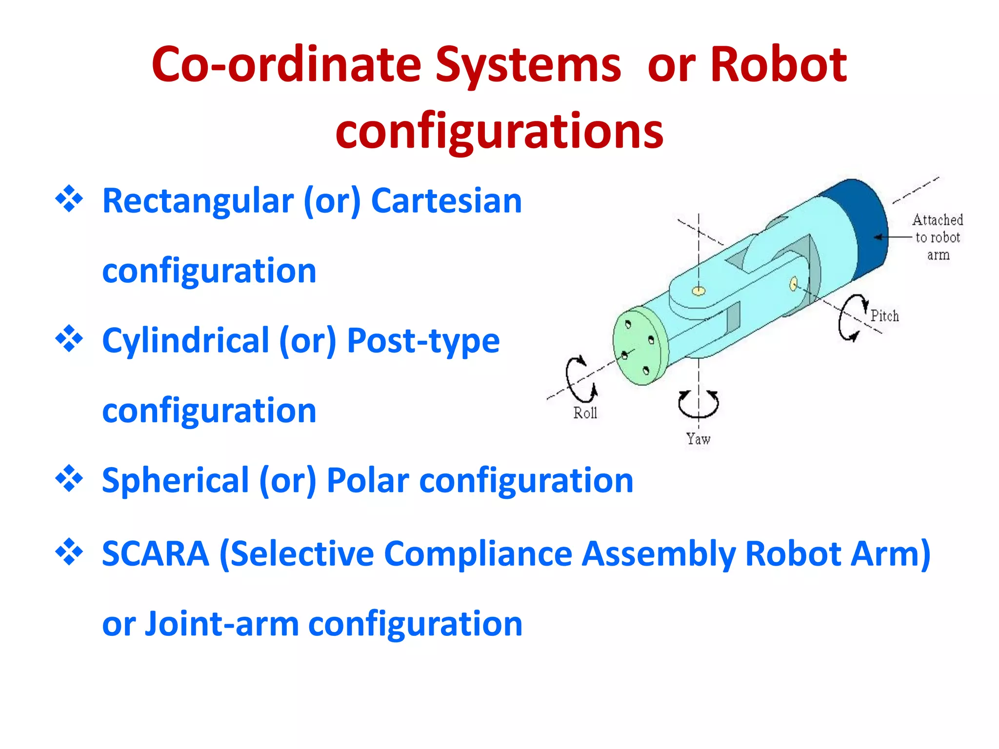 Co-ordinate Systems or Robot
configurations
 Rectangular (or) Cartesian
configuration
 Cylindrical (or) Post-type
configuration
 Spherical (or) Polar configuration
 SCARA (Selective Compliance Assembly Robot Arm)
or Joint-arm configuration
 