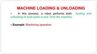 MACHINE LOADING & UNLOADING
 In this process, a robot performs both loading and
unloading of work parts in and from the machine.
 Example: Machining operation
 
