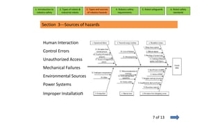 Section 3---Sources of hazards
1. Introduction to
robotics safety
2. Types of robots &
industrial robots
3. Types and sources
of robotics hazards
4. Robotcs safety
requirements
5. Robot safeguards 6. Robot safety
standards
Human Interaction
Control Errors
Unauthorized Access
Mechanical Failures
Environmental Sources
Power Systems
Improper Installation
7 of 13
 