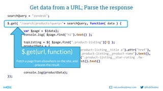 rob.ousbey@moz.com @RobOusbey
Get data from a URL; Parse the response
searchQuery = "zendesk";
$.get( "/search/products?qu...