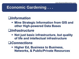 Economic Gardening . . .  Information Mine Strategic Information from GIS and other High-powered Data Bases Infrastructure Not just basic infrastructure, but quality of life and intellectual infrastructure Connections Higher Ed, Business to Business, Networks, & Public/Private Resources www.BusinessBeaverton.com 