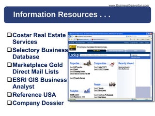 Information Resources . . .  Costar Real Estate Services  Selectory Business Database Marketplace Gold Direct Mail Lists ESRI GIS Business Analyst Reference USA Company Dossier www.BusinessBeaverton.com 