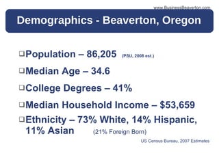 Demographics - Beaverton, Oregon Population – 86,205  (PSU, 2008 est.) Median Age – 34.6 College Degrees – 41% Median Household Income – $53,659 Ethnicity – 73% White, 14% Hispanic, 11% Asian  (21% Foreign Born) US Census Bureau, 2007 Estimates www.BusinessBeaverton.com 