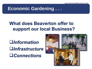 Economic Gardening . . .  www.BusinessBeaverton.com What does Beaverton offer to support our local Business? Information  Infrastructure Connections 