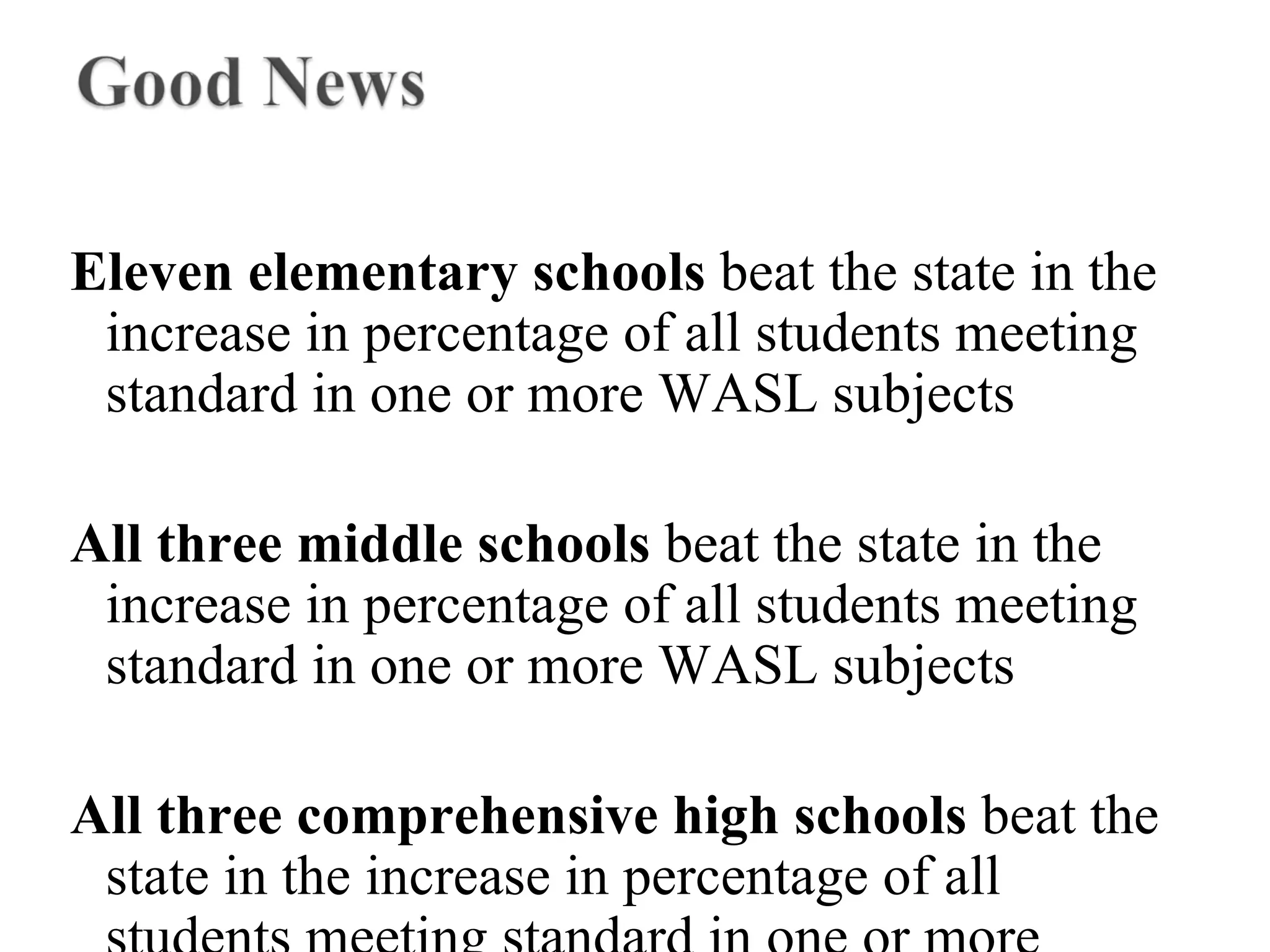 Eleven elementary schools beat the state in the
increase in percentage of all students meeting
standard in one or more WASL subjects
All three middle schools beat the state in the
increase in percentage of all students meeting
standard in one or more WASL subjects
All three comprehensive high schools beat the
state in the increase in percentage of all
 