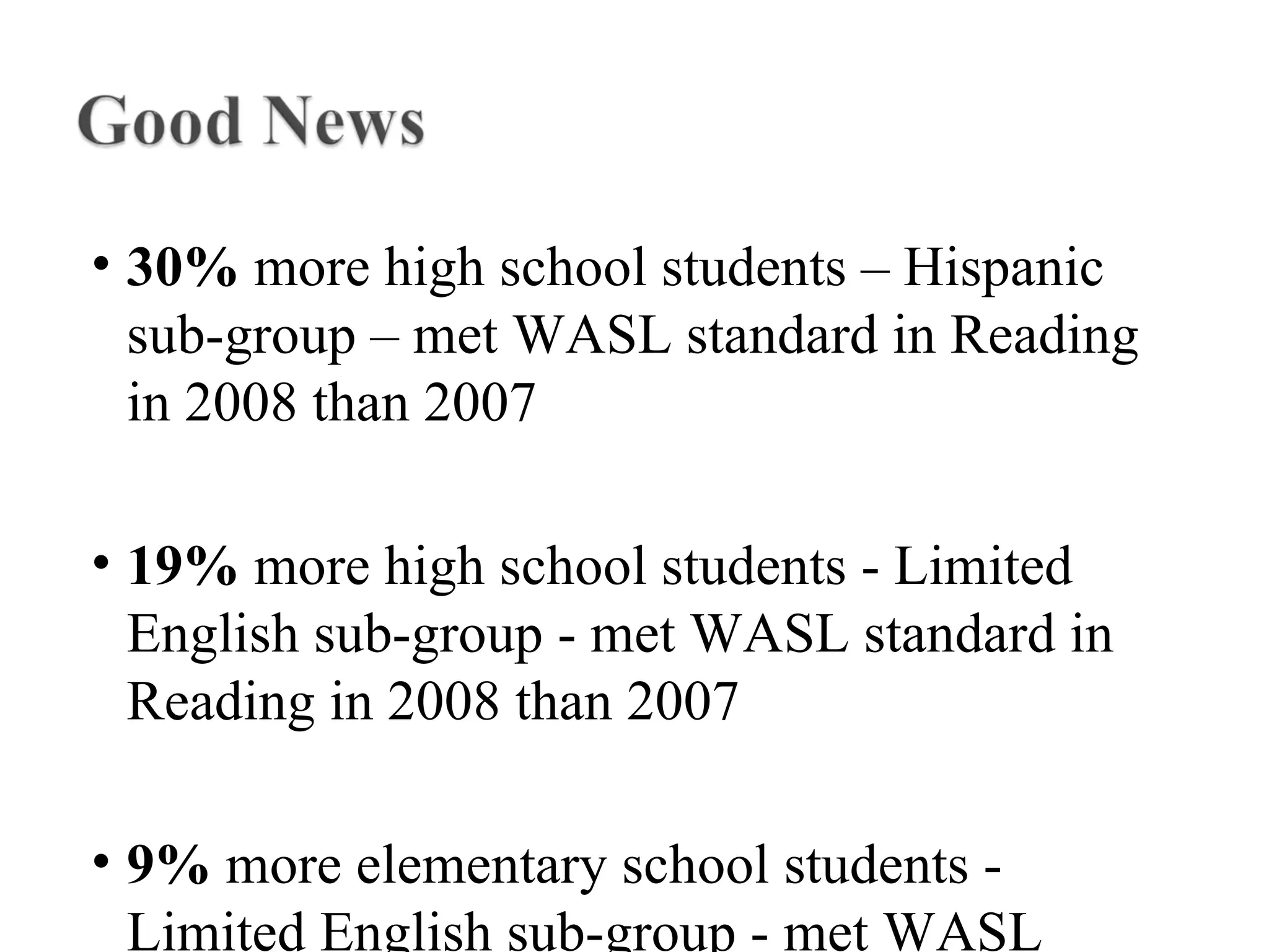 • 30% more high school students – Hispanic
sub-group – met WASL standard in Reading
in 2008 than 2007
• 19% more high school students - Limited
English sub-group - met WASL standard in
Reading in 2008 than 2007
• 9% more elementary school students -
Limited English sub-group - met WASL
 