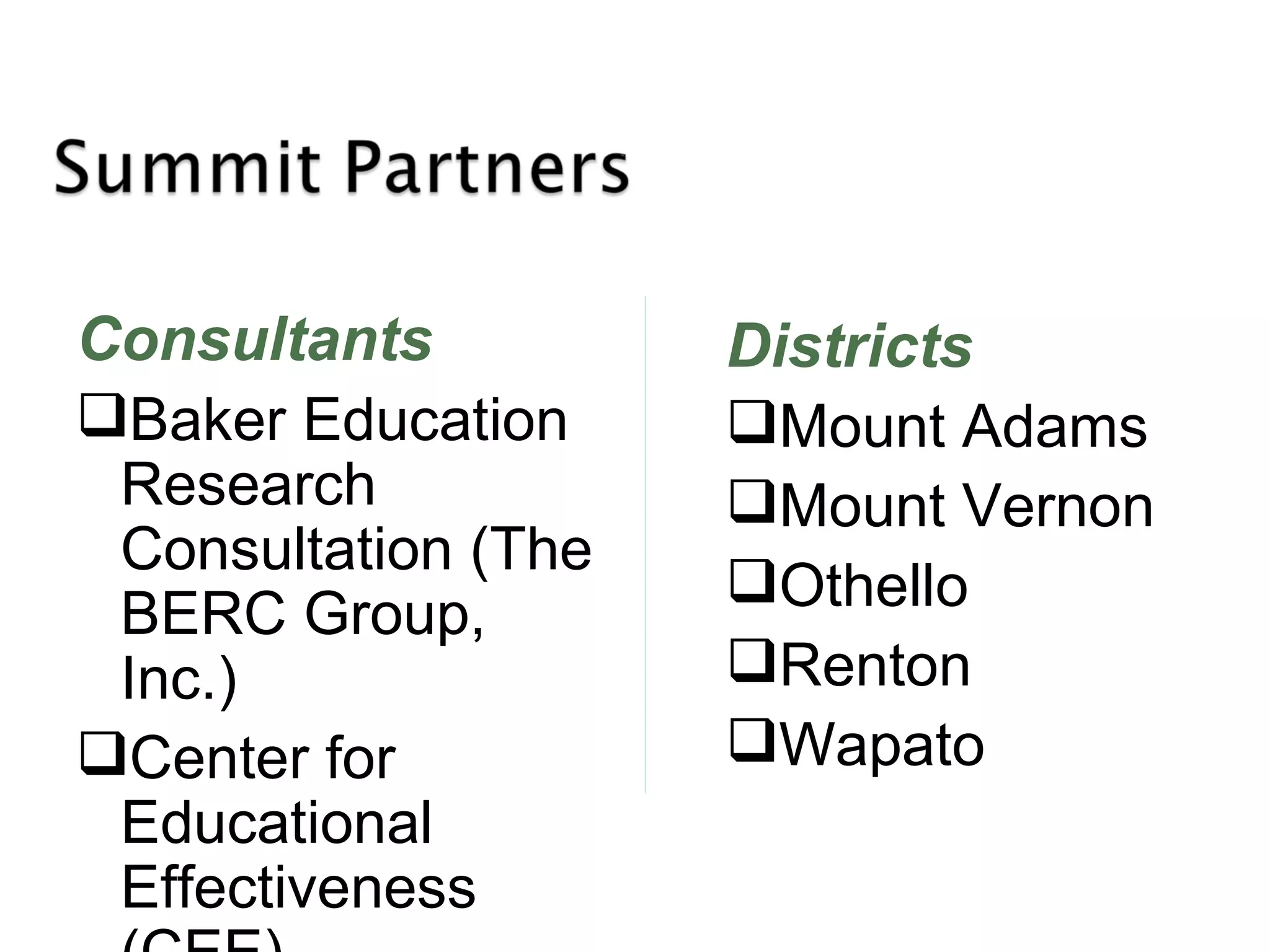 Consultants
Baker Education
Research
Consultation (The
BERC Group,
Inc.)
Center for
Educational
Effectiveness
Districts
Mount Adams
Mount Vernon
Othello
Renton
Wapato
 