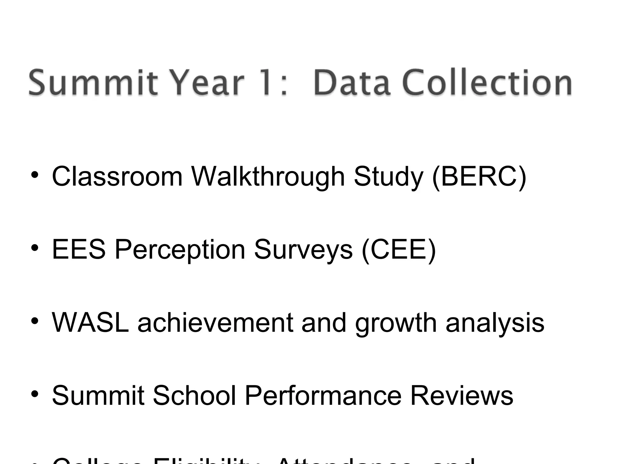 • Classroom Walkthrough Study (BERC)
• EES Perception Surveys (CEE)
• WASL achievement and growth analysis
• Summit School Performance Reviews
 