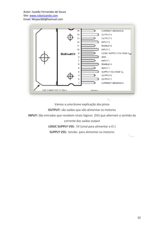 Autor: Isvaldo Fernandes de Souza
Site: www.robotizando.com
Email: Miojex360@hotmail.com




                        Vamos a uma breve explicação dos pinos
                   OUTPUT: são saídas que vão alimentar os motores
   INPUT: São entradas que recebem sinais lógicos (5V) que alternam o sentido da
                               corrente das saídas output
                   LOGIC SUPPLY VSS: 5V (sinal para alimentar o CI )
                    SUPPLY VSS: tensão para alimentar os motores




                                                                                   12
 