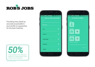 Providing every detail as
accurate as possible in
your profile is a guarantee
for the best matches.
50%of job seekers find it difficult to
apply via a mobile device. Ease
of use is very important.
Source: iCIMS Hiring Insights
 
