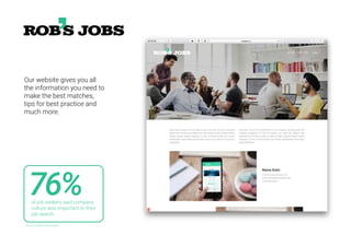 Our website gives you all
the information you need to
make the best matches,
tips for best practice and
much more.
76%of job seekers said company
culture was important to their
job search.
Source: iCIMS Hiring Insights
 