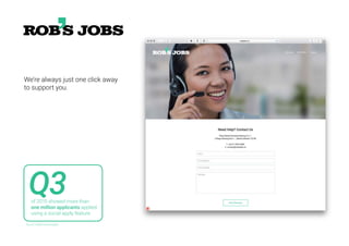 We’re always just one click away
to support you.
Q3of 2015 showed more than
one million applicants applied
using a social apply feature.
Source: iCIMS Hiring Insights
 