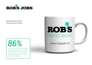 Want to know more?
Let’s discuss further!
86%of HR professionals think recruiting
is becoming more like marketing.
Companies that want to compete
for top talent in 2017 will need to
adopt marketing tactics to attract
the right candidates.
Source: iCIMS Hiring Insights
 