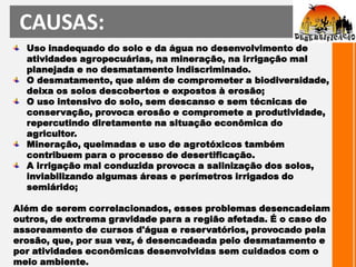 CAUSAS:Uso inadequado do solo e da água no desenvolvimento de atividades agropecuárias, na mineração, na irrigação mal planejada e no desmatamento indiscriminado. O desmatamento, que além de comprometer a biodiversidade, deixa os solos descobertos e expostos à erosão;O uso intensivo do solo, sem descanso e sem técnicas de conservação, provoca erosão e compromete a produtividade, repercutindo diretamente na situação econômica do agricultor. Mineração, queimadas e uso de agrotóxicos também contribuem para o processo de desertificação.A irrigação mal conduzida provoca a salinização dos solos, inviabilizando algumas áreas e perímetros irrigados do semiárido;Além de serem correlacionados, esses problemas desencadeiam outros, de extrema gravidade para a região afetada. É o caso do assoreamento de cursos d'água e reservatórios, provocado pela erosão, que, por sua vez, é desencadeada pelo desmatamento e por atividades econômicas desenvolvidas sem cuidados com o meio ambiente.