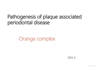 Pathogenesis of plaque associated
periodontal disease
Orange complex
DDS 4.
April 29, 2019
1
 