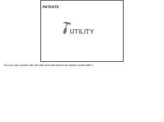 PATENTS
UTILITY
-Two main types of patents, start with utility which represents the vast majority of patents (90%+)
 
