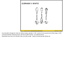 #UXPA2016SESSION SURVEY: WWW.UXPA2016.ORG/SURVEY #UXPA2016SESSION SURVEY: UXPA2016.ORG/SESSIONSURVEY?
SESSIONID=252
©2016
GORHAM V. WHITE
29
-Involved patent infringement where the Gotham design, patented in 1861, was found to be copied by the White design in 1867

-Compare potentially infringing product with that of patent drawing - not patented product

-Big problem was how do you decide if they are similar enough - experts could always spot diﬀerences

 
