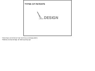 TYPES OF PATENTS
DESIGN
-Second type, and where we’ll put more focus, are design patents

-Relatively small percentage, bu...