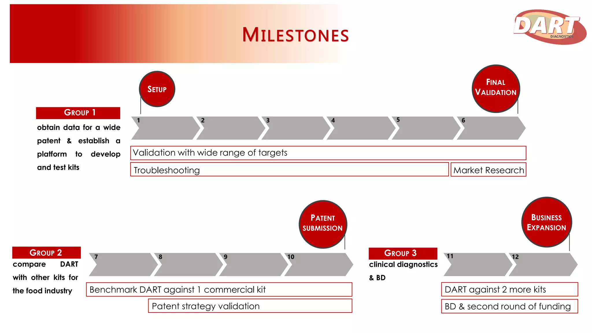1 2 3 4 5 6
FINAL
VALIDATIONSETUP
BUSINESS
EXPANSION
1
1 8 9 10 11 127
Validation with wide range of targets
GROUP 1
Market ResearchTroubleshooting
GROUP 2
compare DART
with other kits for
the food industry Benchmark DART against 1 commercial kit
Patent strategy validation
PATENT
SUBMISSION
GROUP 3
clinical diagnostics
& BD
DART against 2 more kits
BD & second round of funding
obtain data for a wide
patent & establish a
platform to develop
and test kits
 