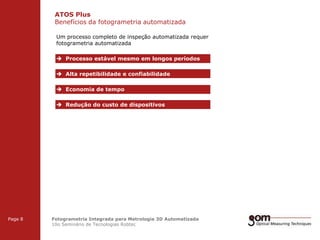 ATOS Plus
Benefícios da fotogrametria automatizada
2-Frame Setup / Frame 1

2-Frame Setup / Frame 2

Um processo completo de inspeção automatizada requer
fotogrametria automatizada

 Processo estável mesmo em longos períodos
 Alta repetibilidade e confiabilidade
 Economia de tempo
 Redução do custo de dispositivos

3-Frame Setup / Frame 1

Page 8

3-Frame Setup / Frame 2

Fotogrametria Integrada para Metrologia 3D Automatizada
10o Seminário de Tecnologias Robtec

3-Frame Setup / Frame 3

 
