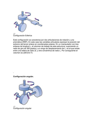 Configuración Esferica

Está configuración se caracteriza por dos articulaciones de rotación y una
prismática (RRP). En este caso las variables articulares expresan la posición del
extremo del tercer enlace en coordenadas polares. En un manipulador con tres
enlaces de longitud L, el volumen de trabajo de esta estructura, suponiendo un
radio de giro de 360 grados y un rango de desplazamiento de L, es el que existe
entre una esfera de radio 2L y otra concéntrica de radio L. Por consiguiente el
volumen es (28/3)πL^3.




.

Configuración angular.




Configuración angular
 