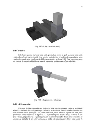 19
Fig. 3.12– Robô cartesiano (LLL)
Robô cilíndrico
Este braço possui na base uma junta prismática, sobre a qual apóia-se uma junta
rotativa (revolvente ou torcional). Uma terceira junta do tipo prismática é conectada na junta
rotativa formando uma configuração LVL, como mostra a figura 3.13. Este braço apresenta
um volume de trabalho cilíndrico, e pode-se apresentar também na configuração TLL.
Fig. 3.13 - Braço robótico cilíndrico
Robô esférico ou polar
Este tipo de braço robótico foi projetado para suportar grandes cargas e ter grande
alcance. É bastante utilizado para carga e descarga de máquinas, embora o braço revoluto seja
mais comum nestas aplicações. Ele conta com duas juntas rotativas seguida de uma junta
prismática, como observado na figura 3.14. A primeira junta move o braço ao redor de um
eixo vertical, enquanto que a segunda junta gira o conjunto ao redor de um eixo horizontal. O
volume de trabalho é um setor esférico, de onde este manipulador obteve seu nome. A
 