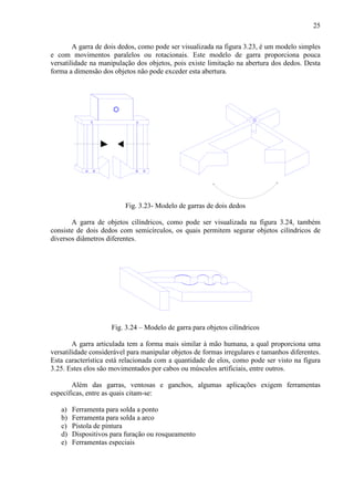 25
A garra de dois dedos, como pode ser visualizada na figura 3.23, é um modelo simples
e com movimentos paralelos ou rotacionais. Este modelo de garra proporciona pouca
versatilidade na manipulação dos objetos, pois existe limitação na abertura dos dedos. Desta
forma a dimensão dos objetos não pode exceder esta abertura.
Fig. 3.23- Modelo de garras de dois dedos
A garra de objetos cilíndricos, como pode ser visualizada na figura 3.24, também
consiste de dois dedos com semicírculos, os quais permitem segurar objetos cilíndricos de
diversos diâmetros diferentes.
Fig. 3.24 – Modelo de garra para objetos cilíndricos
A garra articulada tem a forma mais similar à mão humana, a qual proporciona uma
versatilidade considerável para manipular objetos de formas irregulares e tamanhos diferentes.
Esta característica está relacionada com a quantidade de elos, como pode ser visto na figura
3.25. Estes elos são movimentados por cabos ou músculos artificiais, entre outros.
Além das garras, ventosas e ganchos, algumas aplicações exigem ferramentas
específicas, entre as quais citam-se:
a) Ferramenta para solda a ponto
b) Ferramenta para solda a arco
c) Pistola de pintura
d) Dispositivos para furação ou rosqueamento
e) Ferramentas especiais
 