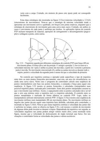 33
varia com a carga. Contudo, em motores de passo este ajuste pode ser conseguido
facilmente.
Estas duas estratégias são mostradas na figura 3.31(a) (máxima velocidade) e 3.31(b)
(sincronismo de movimentos). Nota-se que a estratégia de máxima velocidade tende a
apresentar um movimento curvo e quebrado, em braços com juntas rotativas, enquanto que a
estratégia de sincronismo de movimento gera uma curva mais suave. Contudo, em ambos os
casos o movimento de cada junta é uniforme por trechos. As aplicações típicas do controle
PTP incluem transporte de material, operações de carregamento e descarregamento (pega-e-
põe) e soldagem a ponto, entre outras.
1
3
2
1
2
3
Fig. 3.31 – Trajetória seguida por diferentes estratégias de controle PTP num braço RR em
movimento plano. O braço deve sair da posição 1 e atingir a posição 3. Em (a) tem-se a
velocidade máxima: de 1 para 2 ambas as juntas são movidas; a partir de 2 somente a primeira
junta é movida. No movimento sincronizado (b), ambas as juntas movem-se durante todo o
trajeto, porém a velocidade da segunda junta é menor do que a velocidade da primeira.
No controle por trajetória contínua o operador pode especificar o tipo de trajetória
entre dois ou mais pontos fornecidos previamente: uma reta, um arco de circunferência, ou
ainda uma curva suave. Neste caso o programa do controlador calcula uma seqüência de
pontos intermediários com base nos pontos fornecidos, e comanda o braço para seguir esta
seqüência. A figura 3.32 mostra os pontos fornecidos e calculados (interpolados) num
possível trajetória plana, realizada pelo controlador. Entre dois pontos interpolados assume-se
que o movimento seja retilíneo. Assim, o espaçamento entre os pontos calculados deve ser tal
que o erro seja mínimo entre a trajetória real e a trajetória calculada. O controle entre os
pontos interpolados é realizado de forma idêntica ao controle PTP. Logo, todos os
manipuladores utilizam internamente controle PTP. A figura 3.33(a) mostra uma seqüência de
movimento retilíneo num manipulador RR em movimento plano. No movimento retilíneo os
ângulos das juntas devem seguir uma trajetória bem definida, calculada pelo controlador, e
mostrada na figura 3.33(b). Nota-se que numa trajetória contínua a velocidade das juntas não
é uniforme no tempo, como se observa na figura 3.34, e até mesmo o sentido de movimento
de algumas delas pode inverter-se durante o trajeto. Dependendo da trajetória a ser seguida, as
velocidades angulares nas juntas podem atingir valores muito altos, como mostrado nesta
figura, mesmo que a velocidade de deslocamento do órgão terminal seja baixa. Em tais
situações o controlador limita as velocidades das juntas a valores aceitáveis.
(a) (b)
 