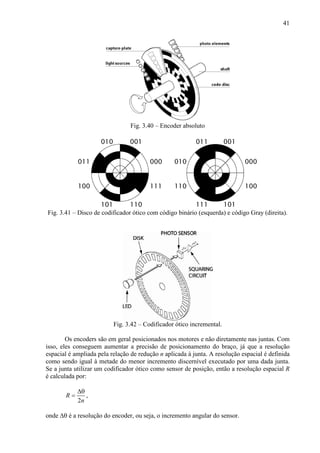 41
Fig. 3.40 – Encoder absoluto
Fig. 3.41 – Disco de codificador ótico com código binário (esquerda) e código Gray (direita).
Fig. 3.42 – Codificador ótico incremental.
Os encoders são em geral posicionados nos motores e não diretamente nas juntas. Com
isso, eles conseguem aumentar a precisão de posicionamento do braço, já que a resolução
espacial é ampliada pela relação de redução n aplicada à junta. A resolução espacial é definida
como sendo igual à metade do menor incremento discernível executado por uma dada junta.
Se a junta utilizar um codificador ótico como sensor de posição, então a resolução espacial R
é calculada por:
2
R
n
∆θ
= ,
onde ∆θ é a resolução do encoder, ou seja, o incremento angular do sensor.
010 000
110
111
011 001
100
101
001
000
010
111
101
100
011
110
 