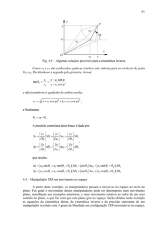 61
x
y
y
xO
P
ϕ
x3
y3
a3
a2
Fig. 4.9 – Algumas soluções possíveis para a cinemática inversa
Como x3 e y3 são conhecidos, pode-se resolver este sistema para as variáveis de junta
θ1 e a2. Dividindo-se a segunda pela primeira, tem-se:
3 3
1
3 3
sen
tan
cos
y x a
x y a
− ϕ
θ = =
− ϕ
,
e adicionando-se o quadrado de ambas resulta:
2 2
2 3 3( sen ) ( cos )a x a y a= − ϕ + − ϕ ,
e finalmente
13 θ−ϕ=θ .
A precisão cartesiana deste braço é dada por
1 2 3
1 2 3
1 2 3
1 2 2
x x x
x a
a
y y y
y a
a
∂ ∂ ∂
∆ = ∆θ + ∆ + ∆θ
∂θ ∂ ∂θ
∂ ∂ ∂
∆ = ∆θ + ∆ + ∆θ
∂θ ∂ ∂θ
,
que resulta:
2 1 3 1 2 1 1 2 3 1 2 3
2 1 3 1 2 1 1 2 3 1 2 3
sen sen( ) cos sen( )
cos cos( ) sen cos( )
x a a a a
y a a a a
∆ = θ + θ + θ ∆θ + θ ∆ + θ + θ ∆θ
∆ = θ + θ + θ ∆θ + θ ∆ + θ + θ ∆θ
4.4 – Manipulador TRR em movimento no espaço
A partir deste exemplo, os manipuladores passam a mover-se no espaço ao invés do
plano. Em geral o movimento destes manipuladores pode ser decomposto num movimento
plano, semelhante aos exemplos anteriores, e num movimento rotativo ao redor de um eixo
contido no plano, o que faz com que este plano gire no espaço. Serão obtidos neste exemplo
as equações da cinemática direta, da cinemática inversa e da precisão cartesiana de um
manipulador revoluto com 3 graus de liberdade em configuração TRR movendo-se no espaço,
 