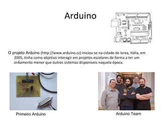 Arduino


O projeto Arduino (http://www.arduino.cc) iniciou-se na cidade de Ivrea, Itália, em
   2005, tinha como objetivo interagir em projetos escolares de forma a ter um
   orçamento menor que outros sistemas disponíveis naquela época.




    Primeiro Arduino                                             Arduino Team
 
