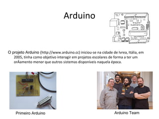 Arduino


O projeto Arduino (http://www.arduino.cc) iniciou-se na cidade de Ivrea, Itália, em
   2005, tinha como objetivo...
