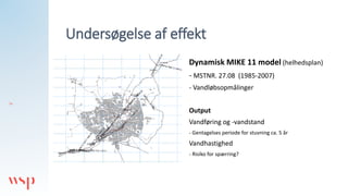 14
14
Undersøgelse af effekt
Dynamisk MIKE 11 model (helhedsplan)
- MSTNR. 27.08 (1985-2007)
- Vandløbsopmålinger
Output
V...