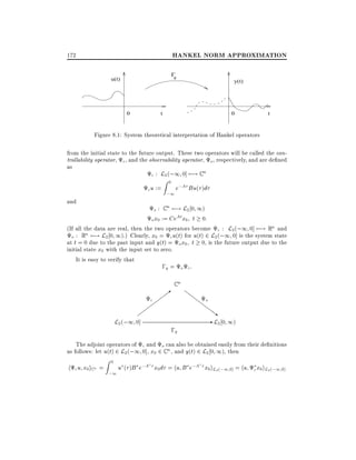 HANKEL NORM APPROXIMATION

172

Γ
g

u(t)

0

y(t)

t

0

t

Figure 8.1: System theoretical interpretation of Hankel operators
from the initial state to the future output. These two operators will be called the controllability operator, c , and the observability operator, o, respectively, and are de ned
as
c : L2 (;1 0] 7;! C n
c u :=

and

Z0

;1

e;A Bu( )d

o : C n 7;! L2 0 1)
o x0 := CeAt x0 t 0:

(If all the data are real, then the two operators become c : L2 (;1 0] 7;! Rn and
o : Rn 7;! L2 0 1).) Clearly, x0 = c u(t) for u(t) 2 L2 (;1 0] is the system state
at t = 0 due to the past input and y(t) = o x0 t 0, is the future output due to the
initial state x0 with the input set to zero.
It is easy to verify that
;g = o c :

c

L2 (;1 0]

>

Cn

;g

ZZ
Z

o

ZZ
~
Z
- L2 0 1 )

The adjoint operators of c and o can also be obtained easily from their de nitions
as follows: let u(t) 2 L2 (;1 0], x0 2 C n , and y(t) 2 L2 0 1), then

h cu

x0 iC n

=

Z0

u ( )B e;A x0 d = hu B e;A x0 iL2 (;1 0] = hu c x0 iL2 (;1 0]
;1

 