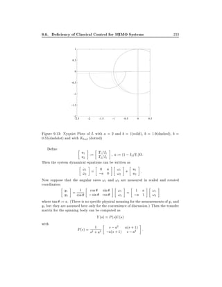 9.6. De ciency of Classical Control for MIMO Systems

233

1

0.5

0

-0.5

-1

-1.5

-2
-2.5

-2

-1.5

-1

-0.5

0

0.5

Figure 9.13: Nyquist Plots of L with a = 2 and b = 1(solid), b = 1:9(dashed), b =
0:55(dashdot) and with Kbad (dotted)
De ne

u1 := T1 =I1
u2
T2 =I1

a := (1 ; I3 =I1 ) :

Then the system dynamical equations can be written as
!1 = 0 a
_
!1
u1
!2
_
;a 0 !2 + u2 :
Now suppose that the angular rates !1 and !2 are measured in scaled and rotated
coordinates:
cos
sin
!1 = 1 a
!1
y1 = 1
!2
;a 1 !2
y2
cos ; sin cos
where tan := a. (There is no speci c physical meaning for the measurements of y1 and
y1 but they are assumed here only for the convenience of discussion.) Then the transfer
matrix for the spinning body can be computed as
Y (s) = P (s)U (s)
with
1
s a2
(
P (s) = s2 + a2 ;a(; + 1) ass;+a1) :
2
s

 