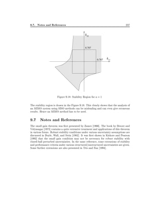 9.7. Notes and References

237
δ 22

0.707

0.707

δ 11

Figure 9.18: Stability Region for a = 1
The stability region is drawn in the Figure 9.18. This clearly shows that the analysis of
an MIMO system using SISO methods can be misleading and can even give erroneous
results. Hence an MIMO method has to be used.

9.7 Notes and References
The small gain theorem was rst presented by Zames 1966]. The book by Desoer and
Vidyasagar 1975] contains a quite extensive treatment and applications of this theorem
in various forms. Robust stability conditions under various uncertainty assumptions are
discussed in Doyle, Wall, and Stein 1982]. It was rst shown in Kishore and Pearson
1992] that the small gain condition may not be necessary for robust stability with
closed-ball perturbed uncertainties. In the same reference, some extensions of stability
and performance criteria under various structured/unstructured uncertainties are given.
Some further extensions are also presented in Tits and Fan 1994].

 