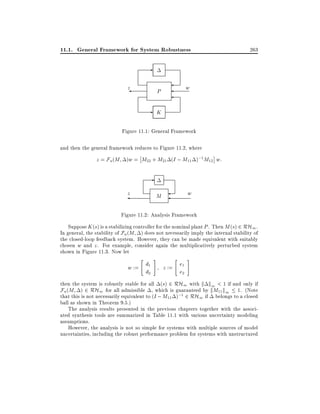 11.1. General Framework for System Robustness

263

z

w

P

- K
Figure 11.1: General Framework
and then the general framework reduces to Figure 11.2, where

z = Fu (M )w = M22 + M21 (I ; M11 );1 M12 w:

z

w

M

Figure 11.2: Analysis Framework
Suppose K (s) is a stabilizing controller for the nominal plant P . Then M (s) 2 RH1 .
In general, the stability of Fu (M ) does not necessarily imply the internal stability of
the closed-loop feedback system. However, they can be made equivalent with suitably
chosen w and z . For example, consider again the multiplicatively perturbed system
shown in Figure 11.3. Now let
"

w := d1
d2

#

"

z := e1
e2

#

then the system is robustly stable for all (s) 2 RH1 with k k1 < 1 if and only if
Fu (M ) 2 RH1 for all admissible , which is guaranteed by kM11 k1 1. (Note
that this is not necessarily equivalent to (I ; M11 );1 2 RH1 if belongs to a closed
ball as shown in Theorem 9.5.)
The analysis results presented in the previous chapters together with the associated synthesis tools are summarized in Table 11.1 with various uncertainty modeling
assumptions.
However, the analysis is not so simple for systems with multiple sources of model
uncertainties, including the robust performance problem for systems with unstructured

 