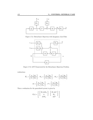 H1 CONTROL: GENERAL CASE

452

z
62

w

?

Wu

-

6

^
K

u

Wd

-

- ?g

P

y1- ~
We

M

z
-1

Figure 17.2: Disturbance Rejection with Imaginary Axis Poles

z1

~
We

z2

w

Wu

Wd

?
g

M

y1

-

P

u

^
K

Figure 17.3: LFT Framework for the Disturbance Rejection Problem
realizations:
"

~
We = Ae Be

#

Ce De

"

Wu = Au Bu
Cu Du

"

M = Am Bm
Cm Dm

#

#

"

Wd = Ad Bd
Cd Dd

"

#

P = Ap Bp :
Cp Dp

Then a realization for the generalized system is given by
2 "

G(s) = 6
4

~
We MWd
0

MWd

#

"

~
We MP
Wu
MP

# 3
7
5

#

 