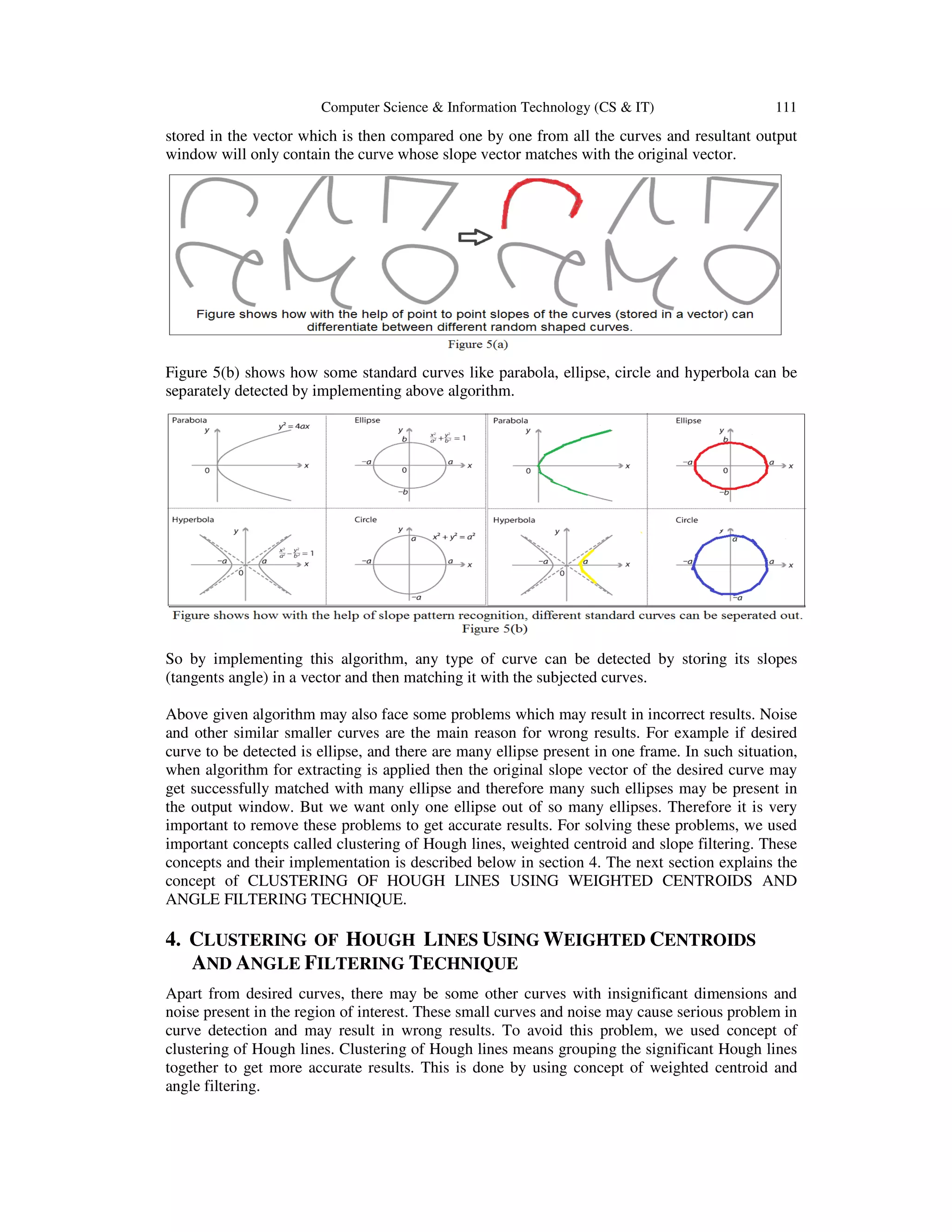Computer Scienc
stored in the vector which is then compared one by one from all the curves and resultant output
window will only contain the curve whose slope vector matches with the original vector.
Figure 5(b) shows how some standard curves like parabola, ellipse, circle and hyperbola can be
separately detected by implementing above algorithm.
So by implementing this algorithm, any type of curve can be detected by storing its slopes
(tangents angle) in a vector and then matching it with the subjected curves.
Above given algorithm may also face some problems which may result in incorrect results.
and other similar smaller curves are the main reason for wrong results.
curve to be detected is ellipse, and there are many ellipse present in one frame. In such situation,
when algorithm for extracting is applied then
get successfully matched with many
the output window. But we want
important to remove these problems to get accurate results. For solving these problems, we used
important concepts called clustering of Hough lines, weighted centroid and slope
concepts and their implementation is described below in section 4.
concept of CLUSTERING OF HOUGH LINES USING WEIGHTED CENTROIDS AND
ANGLE FILTERING TECHNIQUE.
4. CLUSTERING OF HOUGH
AND ANGLE FILTERING
Apart from desired curves, there may be some other curves
noise present in the region of interest. These small curves and noise may cause serious problem in
curve detection and may result in wrong r
clustering of Hough lines. Clustering of Hough lines means gr
together to get more accurate results.
angle filtering.
Computer Science & Information Technology (CS & IT)
stored in the vector which is then compared one by one from all the curves and resultant output
window will only contain the curve whose slope vector matches with the original vector.
how some standard curves like parabola, ellipse, circle and hyperbola can be
separately detected by implementing above algorithm.
So by implementing this algorithm, any type of curve can be detected by storing its slopes
nd then matching it with the subjected curves.
may also face some problems which may result in incorrect results.
and other similar smaller curves are the main reason for wrong results. For example if desired
curve to be detected is ellipse, and there are many ellipse present in one frame. In such situation,
when algorithm for extracting is applied then the original slope vector of the desired curve may
many ellipse and therefore many such ellipses may be
want only one ellipse out of so many ellipses. Therefore i
important to remove these problems to get accurate results. For solving these problems, we used
called clustering of Hough lines, weighted centroid and slope filtering.
concepts and their implementation is described below in section 4. The next section explains the
CLUSTERING OF HOUGH LINES USING WEIGHTED CENTROIDS AND
GLE FILTERING TECHNIQUE.
OUGH LINES USING WEIGHTED CENTROIDS
ILTERING TECHNIQUE
Apart from desired curves, there may be some other curves with insignificant dimensions
noise present in the region of interest. These small curves and noise may cause serious problem in
curve detection and may result in wrong results. To avoid this problem, we used concept of
clustering of Hough lines. Clustering of Hough lines means grouping the significant Hough lines
together to get more accurate results. This is done by using concept of weighted centroid and
111
stored in the vector which is then compared one by one from all the curves and resultant output
window will only contain the curve whose slope vector matches with the original vector.
how some standard curves like parabola, ellipse, circle and hyperbola can be
So by implementing this algorithm, any type of curve can be detected by storing its slopes
may also face some problems which may result in incorrect results. Noise
For example if desired
curve to be detected is ellipse, and there are many ellipse present in one frame. In such situation,
the original slope vector of the desired curve may
may be present in
Therefore it is very
important to remove these problems to get accurate results. For solving these problems, we used
filtering. These
The next section explains the
CLUSTERING OF HOUGH LINES USING WEIGHTED CENTROIDS AND
ENTROIDS
with insignificant dimensions and
noise present in the region of interest. These small curves and noise may cause serious problem in
used concept of
ouping the significant Hough lines
This is done by using concept of weighted centroid and
 
