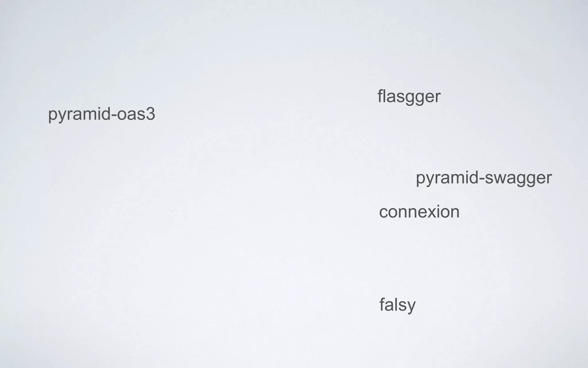 pyramid-swagger
flasgger
pyramid-oas3
falsy
connexion
 