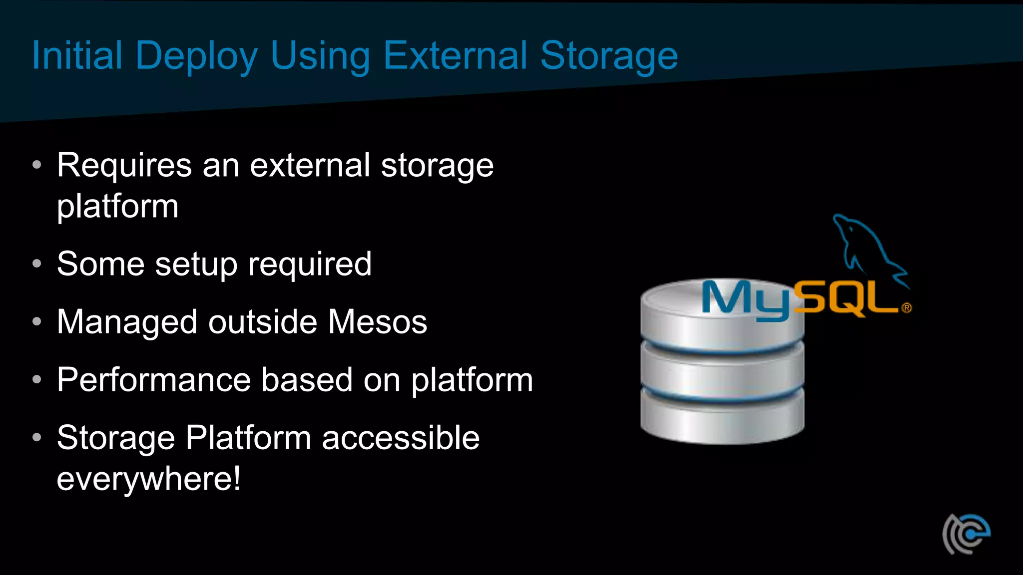 Initial Deploy Using External Storage
• Requires an external storage
platform
• Some setup required
• Managed outside Mesos
• Performance based on platform
• Storage Platform accessible
everywhere!
 