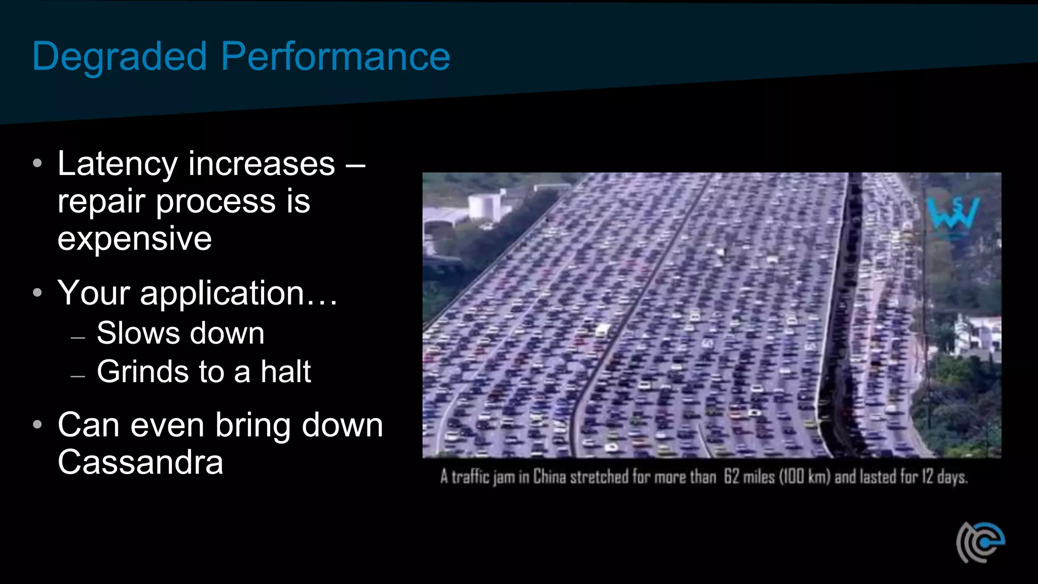 Degraded Performance
• Latency increases –
repair process is
expensive
• Your application…
– Slows down
– Grinds to a halt
• Can even bring down
Cassandra
 