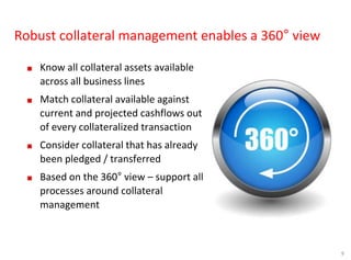9
Robust collateral management enables a 360° view
■ Know all collateral assets available
across all business lines
■ Match collateral available against
current and projected cashflows out
of every collateralized transaction
■ Consider collateral that has already
been pledged / transferred
■ Based on the 360° view – support all
processes around collateral
management
 