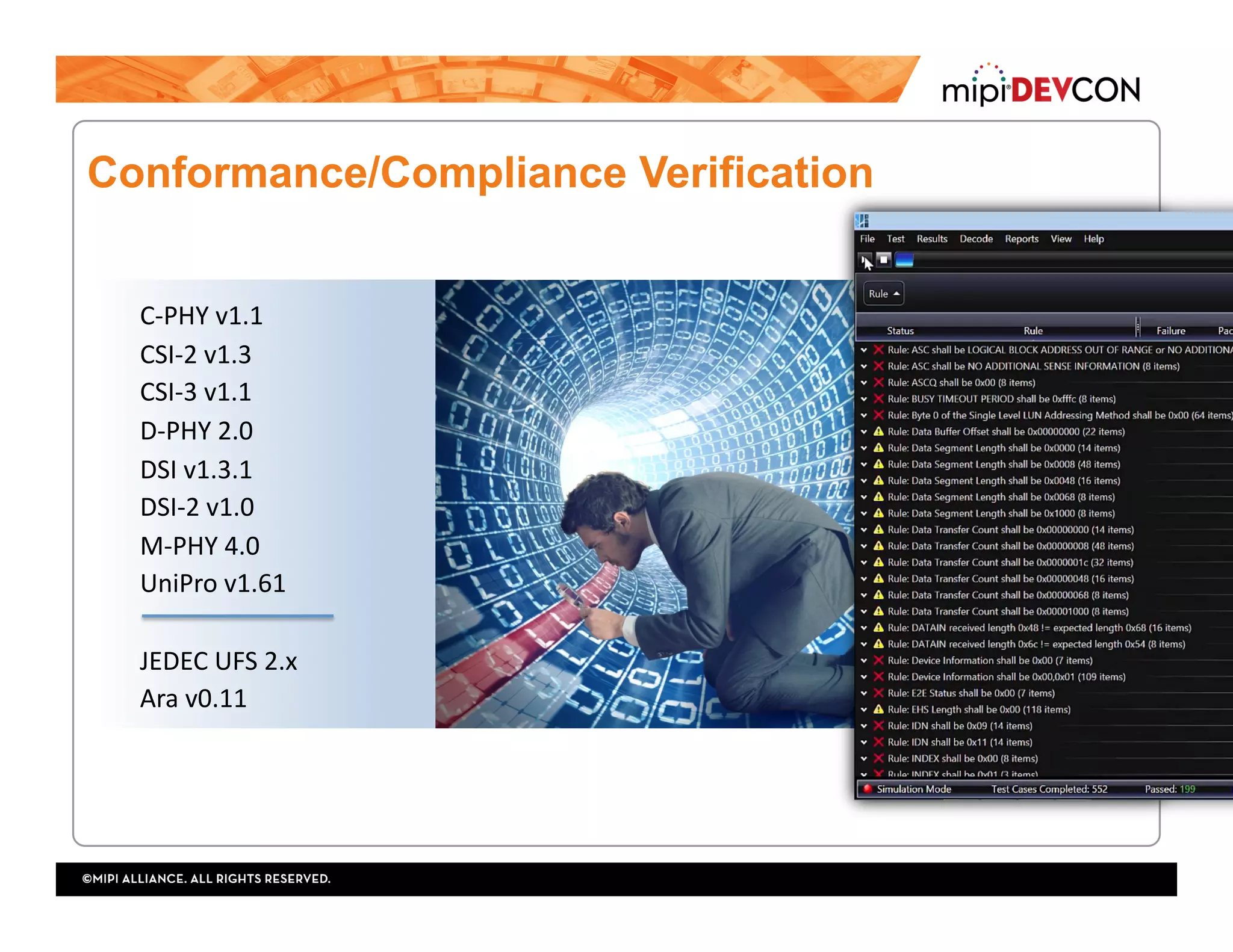 C-PHY	v1.1	
CSI-2	v1.3	
CSI-3	v1.1	
D-PHY	2.0	
DSI	v1.3.1	
DSI-2	v1.0	
M-PHY	4.0	
UniPro	v1.61	
JEDEC	UFS	2.x	
Ara	v0.11	
Conformance/Compliance Verification
 