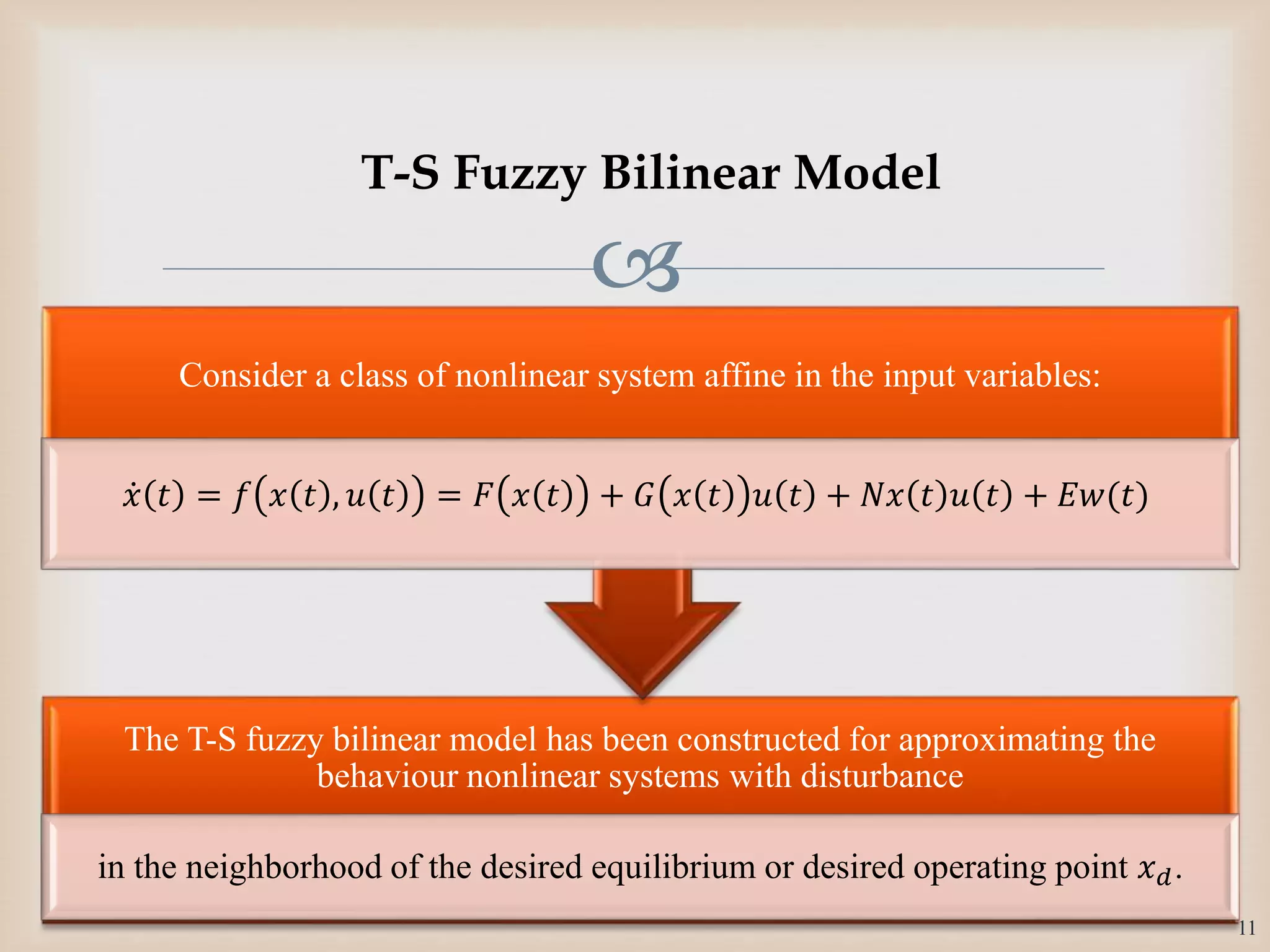 
T-S Fuzzy Bilinear Model
The T-S fuzzy bilinear model has been constructed for approximating the
behaviour nonlinear systems with disturbance
in the neighborhood of the desired equilibrium or desired operating point 𝑥 𝑑.
Consider a class of nonlinear system affine in the input variables:
𝑥 𝑡 = 𝑓 𝑥 𝑡 , 𝑢 𝑡 = 𝐹 𝑥 𝑡 + 𝐺 𝑥 𝑡 𝑢 𝑡 + 𝑁𝑥 𝑡 𝑢 𝑡 + 𝐸𝑤(𝑡)
11
 