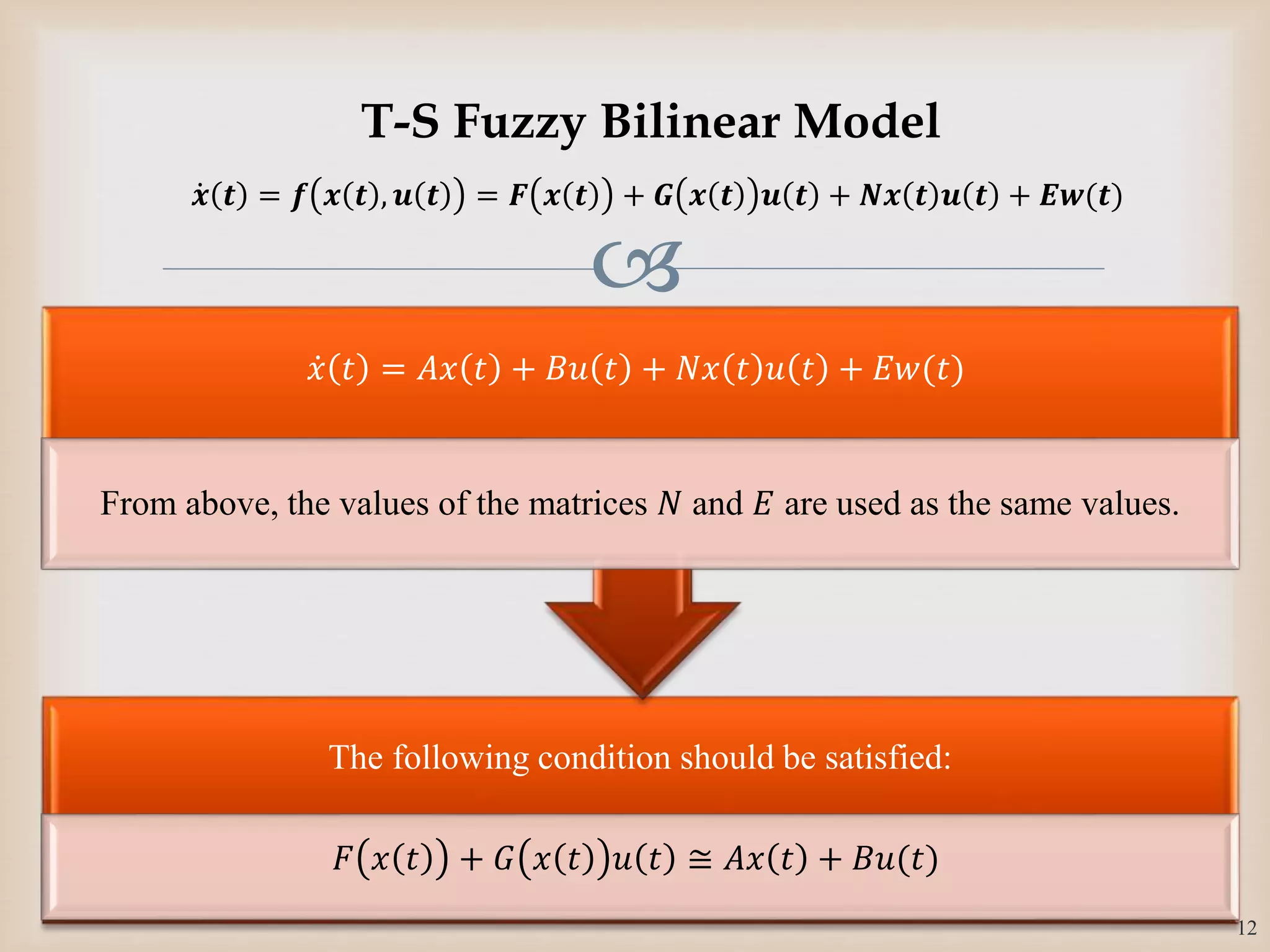 
The following condition should be satisfied:
𝐹 𝑥 𝑡 + 𝐺 𝑥 𝑡 𝑢 𝑡 ≅ 𝐴𝑥 𝑡 + 𝐵𝑢(𝑡)
𝑥 𝑡 = 𝐴𝑥 𝑡 + 𝐵𝑢 𝑡 + 𝑁𝑥 𝑡 𝑢 𝑡 + 𝐸𝑤(𝑡)
From above, the values of the matrices 𝑁 and 𝐸 are used as the same values.
12
T-S Fuzzy Bilinear Model
𝒙 𝒕 = 𝒇 𝒙 𝒕 , 𝒖 𝒕 = 𝑭 𝒙 𝒕 + 𝑮 𝒙 𝒕 𝒖 𝒕 + 𝑵𝒙 𝒕 𝒖 𝒕 + 𝑬𝒘(𝒕)
 
