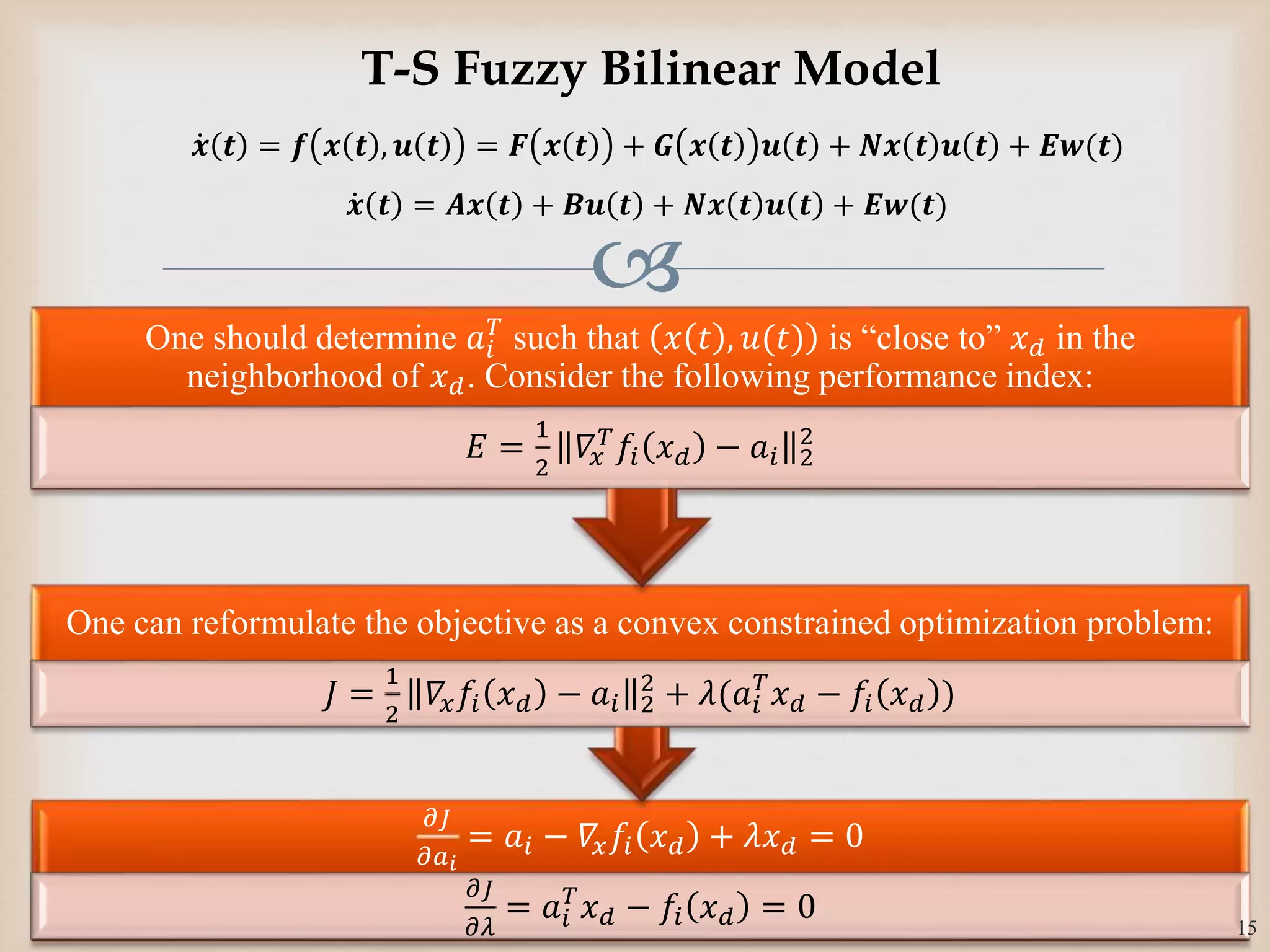 
𝜕𝐽
𝜕𝑎 𝑖
= 𝑎𝑖 − 𝛻𝑥 𝑓𝑖 𝑥 𝑑 + 𝜆𝑥 𝑑 = 0
𝜕𝐽
𝜕𝜆
= 𝑎𝑖
𝑇
𝑥 𝑑 − 𝑓𝑖 𝑥 𝑑 = 0
One can reformulate the objective as a convex constrained optimization problem:
𝐽 =
1
2
𝛻𝑥 𝑓𝑖 𝑥 𝑑 − 𝑎𝑖 2
2
+ 𝜆(𝑎𝑖
𝑇
𝑥 𝑑 − 𝑓𝑖 𝑥 𝑑 )
One should determine 𝑎𝑖
𝑇
such that 𝑥 𝑡 , 𝑢(𝑡) is “close to” 𝑥 𝑑 in the
neighborhood of 𝑥 𝑑. Consider the following performance index:
𝐸 =
1
2
𝛻𝑥
𝑇 𝑓𝑖 𝑥 𝑑 − 𝑎𝑖 2
2
15
T-S Fuzzy Bilinear Model
𝒙 𝒕 = 𝒇 𝒙 𝒕 , 𝒖 𝒕 = 𝑭 𝒙 𝒕 + 𝑮 𝒙 𝒕 𝒖 𝒕 + 𝑵𝒙 𝒕 𝒖 𝒕 + 𝑬𝒘(𝒕)
𝒙 𝒕 = 𝑨𝒙 𝒕 + 𝑩𝒖 𝒕 + 𝑵𝒙 𝒕 𝒖 𝒕 + 𝑬𝒘(𝒕)
 
