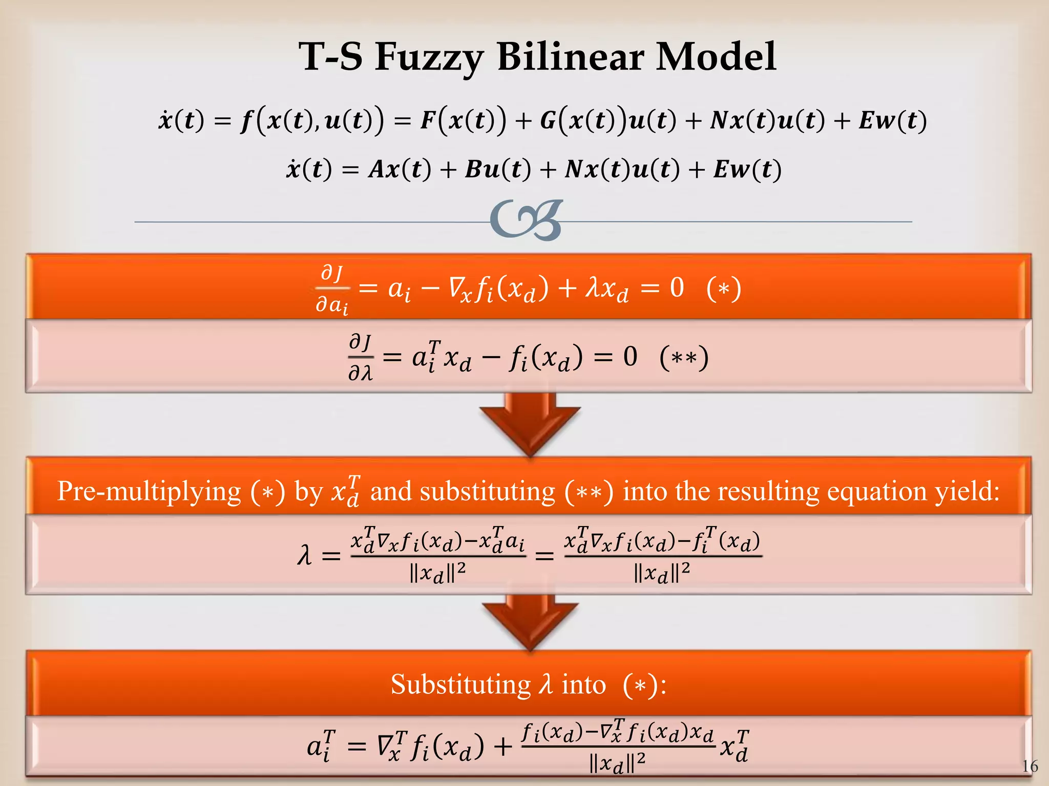 
Substituting 𝜆 into (∗):
𝑎𝑖
𝑇
= 𝛻𝑥
𝑇 𝑓𝑖 𝑥 𝑑 +
𝑓 𝑖 𝑥 𝑑 −𝛻 𝑥
𝑇 𝑓 𝑖 𝑥 𝑑 𝑥 𝑑
𝑥 𝑑
2 𝑥 𝑑
𝑇
Pre-multiplying (∗) by 𝑥 𝑑
𝑇
and substituting (∗∗) into the resulting equation yield:
𝜆 =
𝑥 𝑑
𝑇
𝛻 𝑥 𝑓 𝑖 𝑥 𝑑 −𝑥 𝑑
𝑇
𝑎 𝑖
𝑥 𝑑
2 =
𝑥 𝑑
𝑇
𝛻 𝑥 𝑓 𝑖 𝑥 𝑑 −𝑓𝑖
𝑇
𝑥 𝑑
𝑥 𝑑
2
𝜕𝐽
𝜕𝑎 𝑖
= 𝑎𝑖 − 𝛻𝑥 𝑓𝑖 𝑥 𝑑 + 𝜆𝑥 𝑑 = 0 (∗)
𝜕𝐽
𝜕𝜆
= 𝑎𝑖
𝑇
𝑥 𝑑 − 𝑓𝑖 𝑥 𝑑 = 0 (∗∗)
16
T-S Fuzzy Bilinear Model
𝒙 𝒕 = 𝒇 𝒙 𝒕 , 𝒖 𝒕 = 𝑭 𝒙 𝒕 + 𝑮 𝒙 𝒕 𝒖 𝒕 + 𝑵𝒙 𝒕 𝒖 𝒕 + 𝑬𝒘(𝒕)
𝒙 𝒕 = 𝑨𝒙 𝒕 + 𝑩𝒖 𝒕 + 𝑵𝒙 𝒕 𝒖 𝒕 + 𝑬𝒘(𝒕)
 